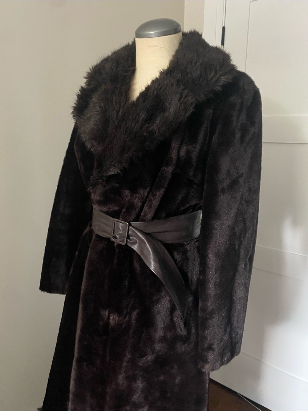 Women's Dark Brown Faux Fur Trench Coat with Belt